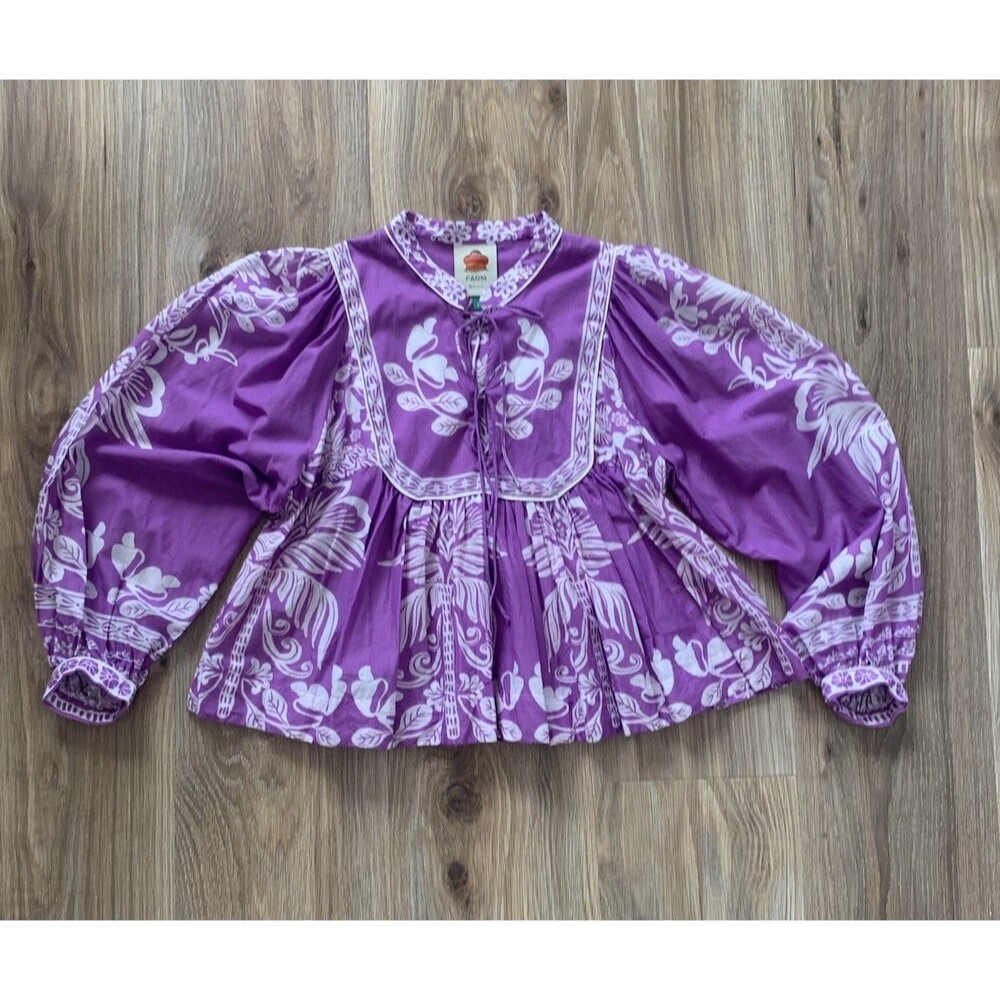 Farm Rio Blouse Womens S Sweet Garden Lilac Boho Tie Puff Sleeve Top 💯 Cotton